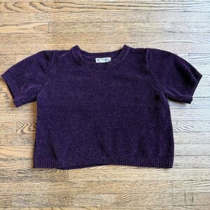Y2K Chenille Cropped Short Sleeve Sweater Women’s medium Plum Purple Cozy Casual